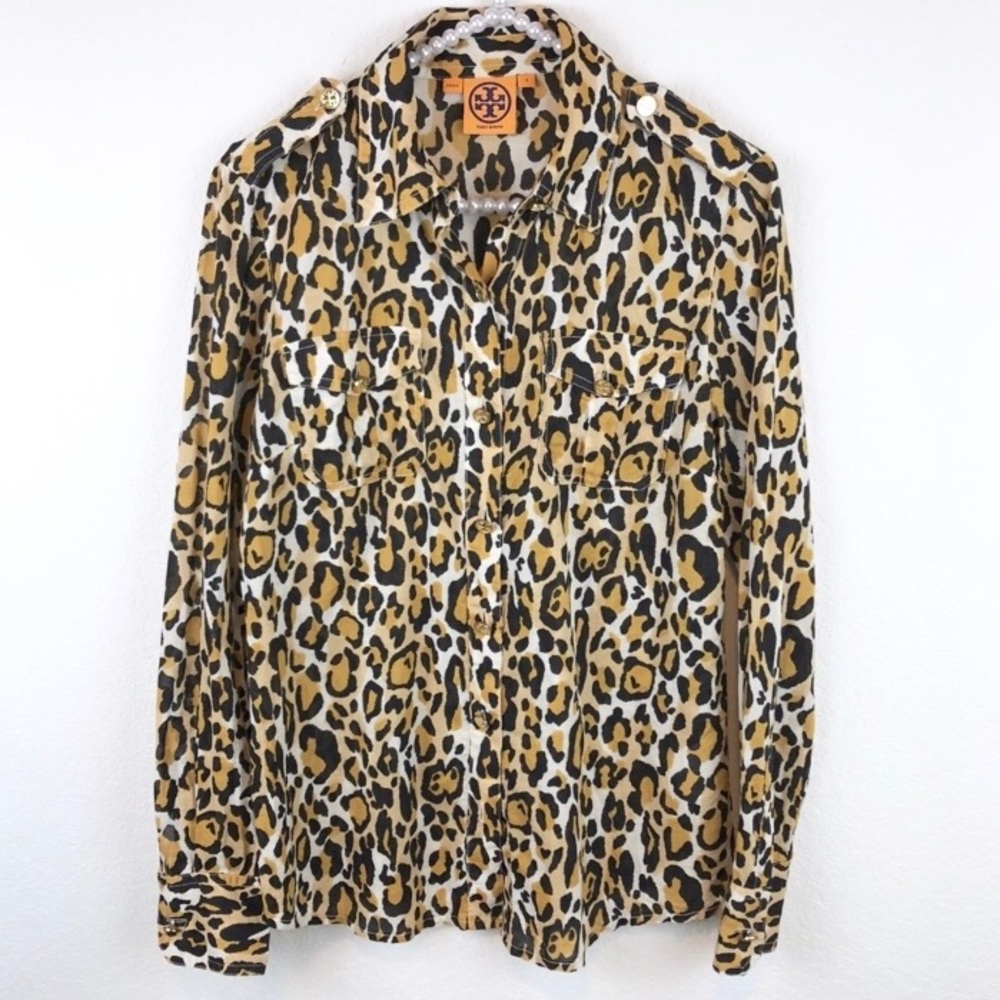 Tory Burch Leopard Print Button-Down Shirt in Tan, Black & White